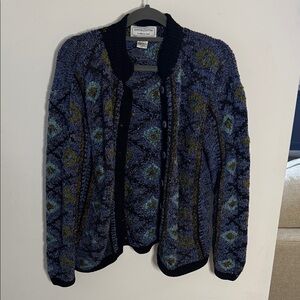 Vintage Hand-Knit Textured Blue Pattern Cardigan Sweater